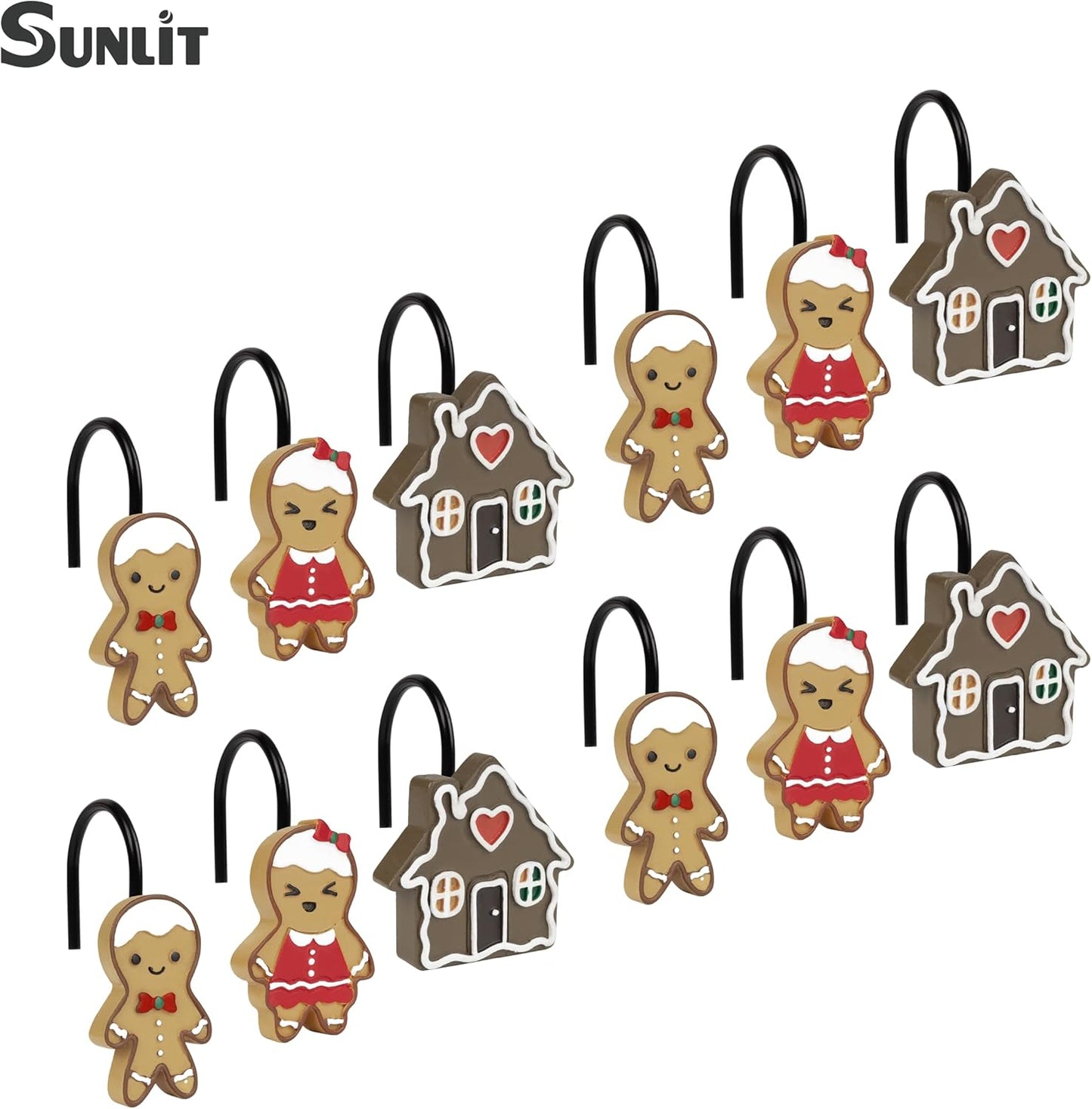 Sunlit Christmas Decorative Shower Curtain Hooks, Cute Gingerbread Man Cookie Shower Curtain Rings, Xmas Winter Holiday Bathroom Decoration for Kids Girls Boys Children, Resin, Set of 12