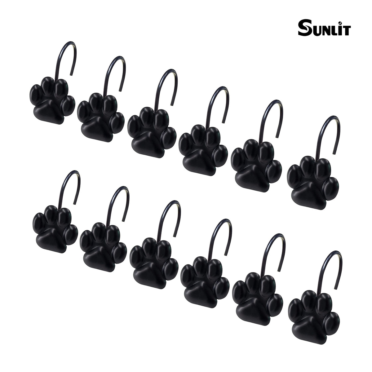 Sunlit Fashion Design Cute Paw Print Polished Double Shower Curtain Hooks for Dog Cat and Bear, Rust Proof Oil Metal Shower Curtain Rings, Black-12 Pack