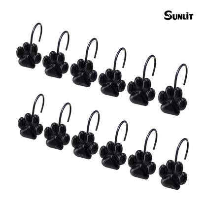 Sunlit Fashion Design Cute Paw Print Polished Double Shower Curtain Hooks for Dog Cat and Bear, Rust Proof Oil Metal Shower Curtain Rings, Black-12 Pack