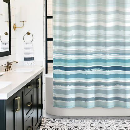 Sunlit Sunset Ombre Striped Shower Curtain, Blue and Orange Textured Slubbed Fabric Shower Curtain for Bathroom Decoration, Gradient Stripe Bathroom Curtain, 72x72