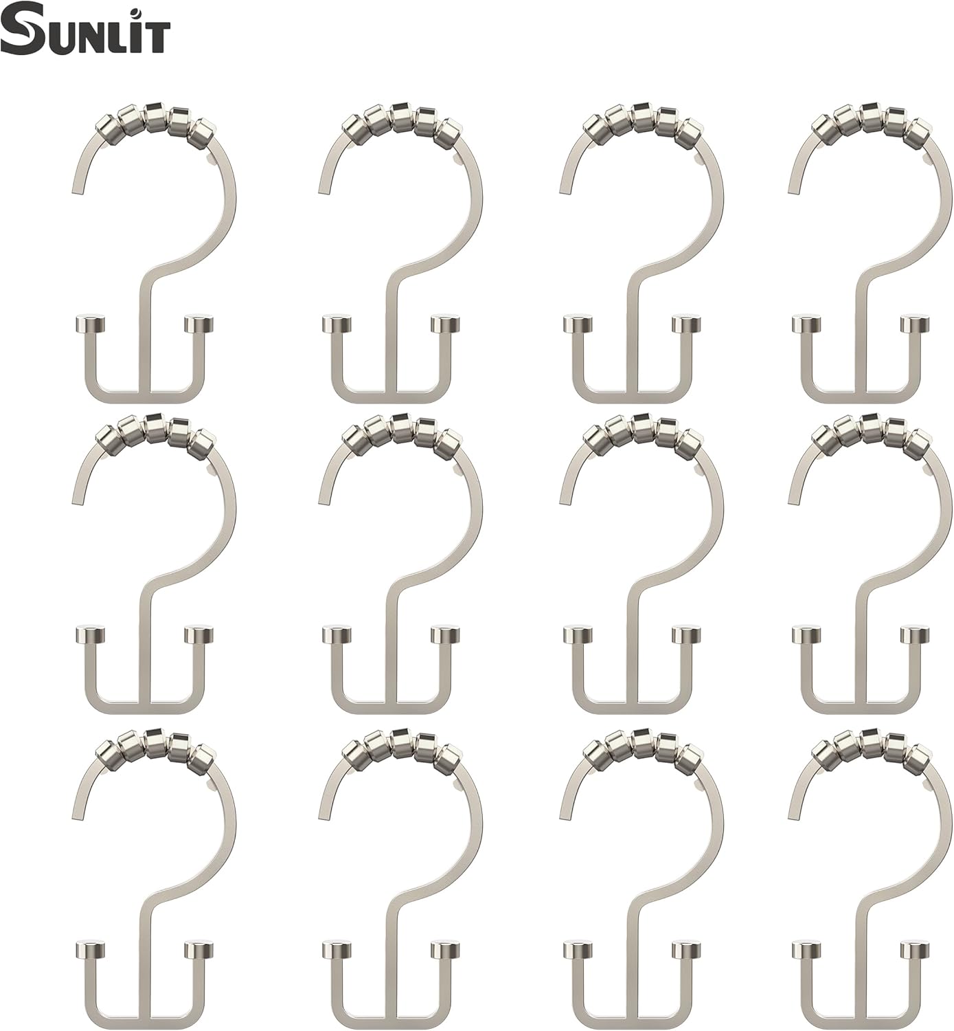 Sunlit Satin Nickel Double Shower Curtain Hooks, Home Decorative Shower Curtain Rings for Bathroom, Metal, Double Glide Shower Curtain Hanger Hooks for Living Room, Set of 12
