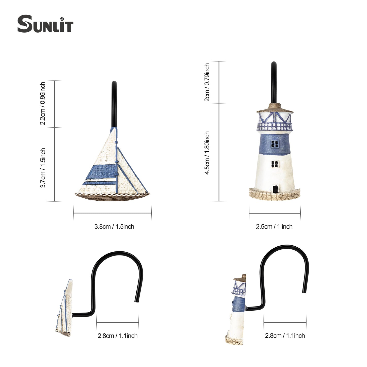 Sunlit Nautical Shower Curtain Hooks, Home Decorative Coastal Shower Curtain Rings for Bathroom, Resin, Ocean Shower Curtain Hanger Hooks for Living Room, Set of 12, Blue Lighthouse Sailboat