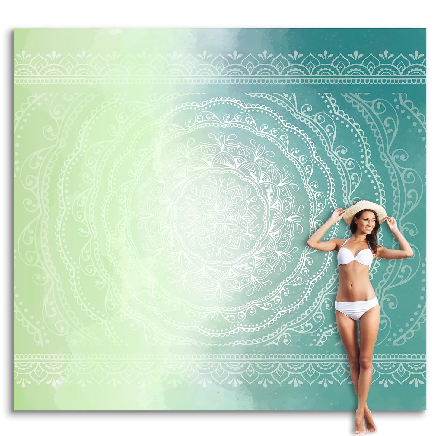 Sunlit 10'x9' Extra Large Boho Sand Proof Beach Blanket, Sand Proof Mat with Corner Pockets and Mesh Bag for Beach Party, Travel, Camping and Outdoor Music Festival, Light Orange and Sky Blue Mandala