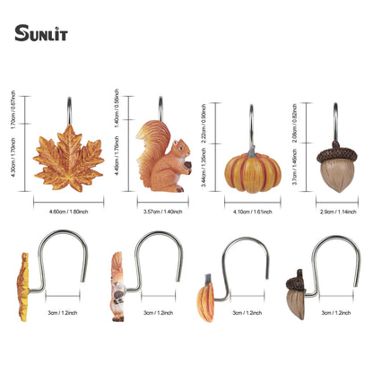 Sunlit Fall Autumn Decorative Shower Curtain Hooks, Pumpkin Maple Leaf Squirrel Acorn Shower Curtain Rings with Black Hooks, Resin, Orange Leaves Cute Bathroom Curtain Hangers Decoration, Set of 12