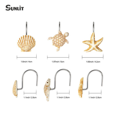 Sunlit Seashells Decorative Shower Curtain Hooks, Scallop Nautilus & Seahorse Shower Curtain Rings, Seashell Blush, Resin, Nautical Bathroom Decoration Beach Shower Curtain Hooks-12 Pack