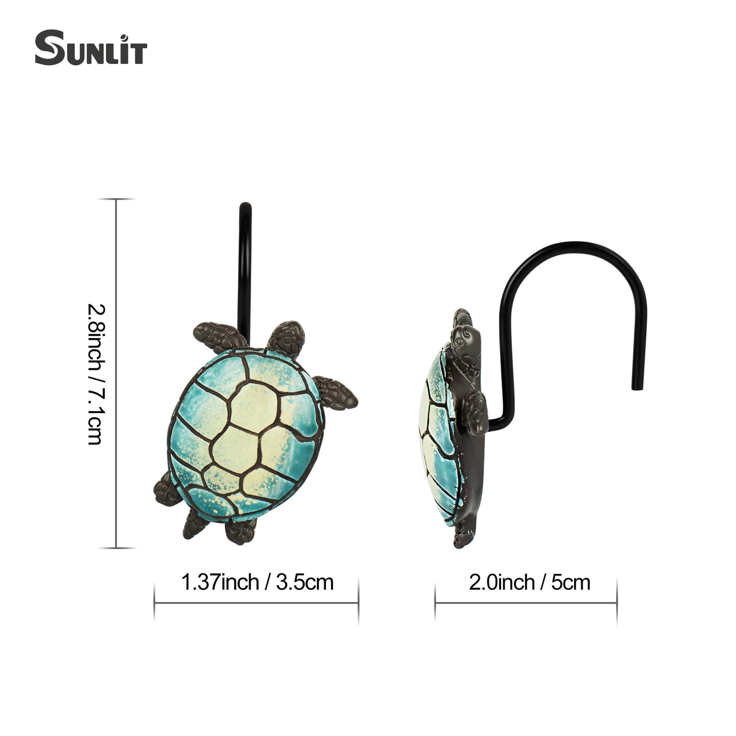 Sunlit Sea Turtle Shower Curtain Hooks, Home Decorative Shower Curtain Rings for Bathroom, Resin, Ocean Shower Curtain Hanger Hooks for Kid Room Living Room, Set of 12