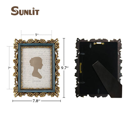Sunlit Vintage Picture Frame 4x6 Inch, Luxury Antique Photo Frames with Glass Front, Photo Display, Tabletop Wall Hanging, Gift Ideas, Retro Blue and Gold