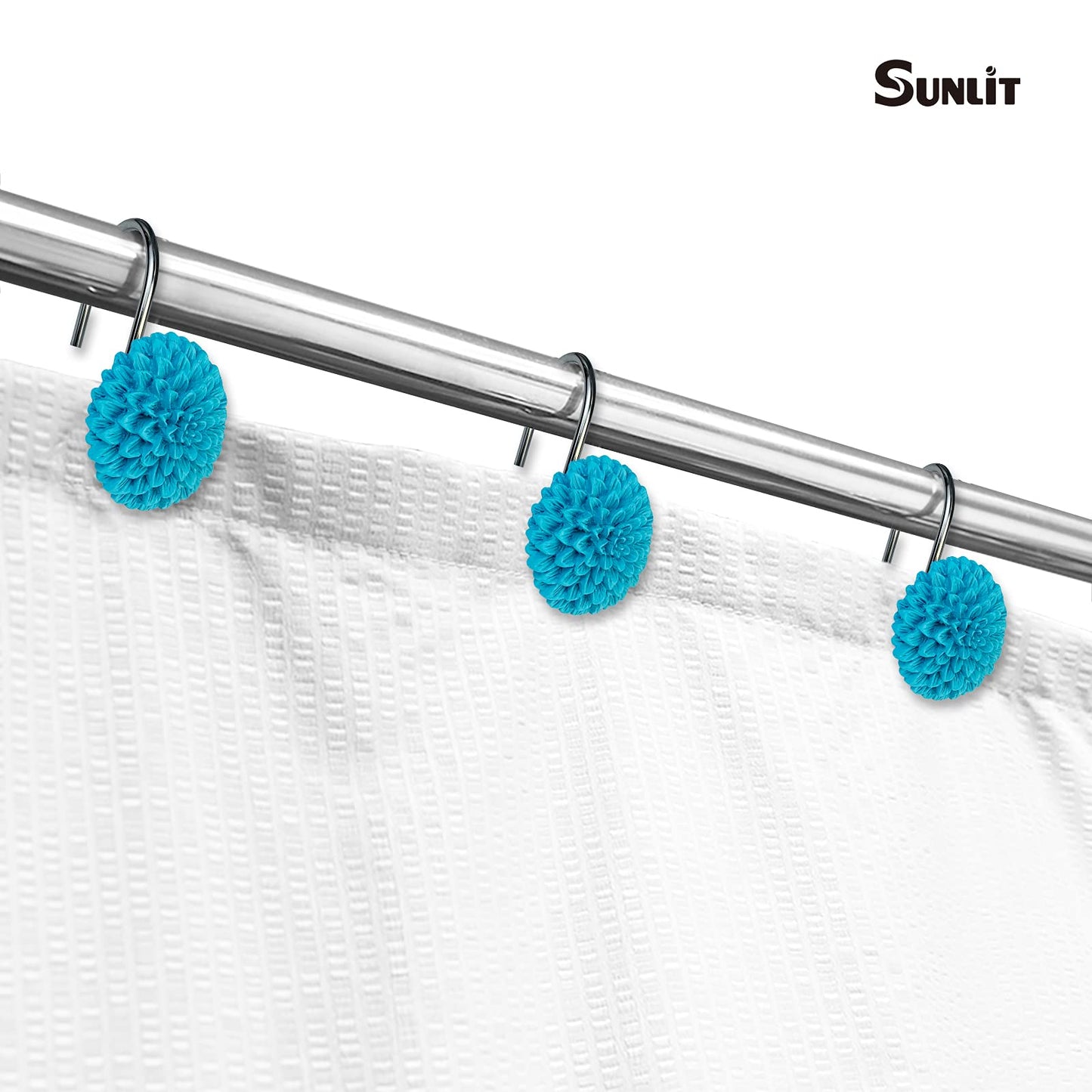 Sunlit Decorative Floral Shower Curtain Hooks, Turquoise Dahlia Pinnata Flower Shower Curtain Rings, Resin, Bathroom Decoration Blue Shower Curtain Hooks-12 Pack