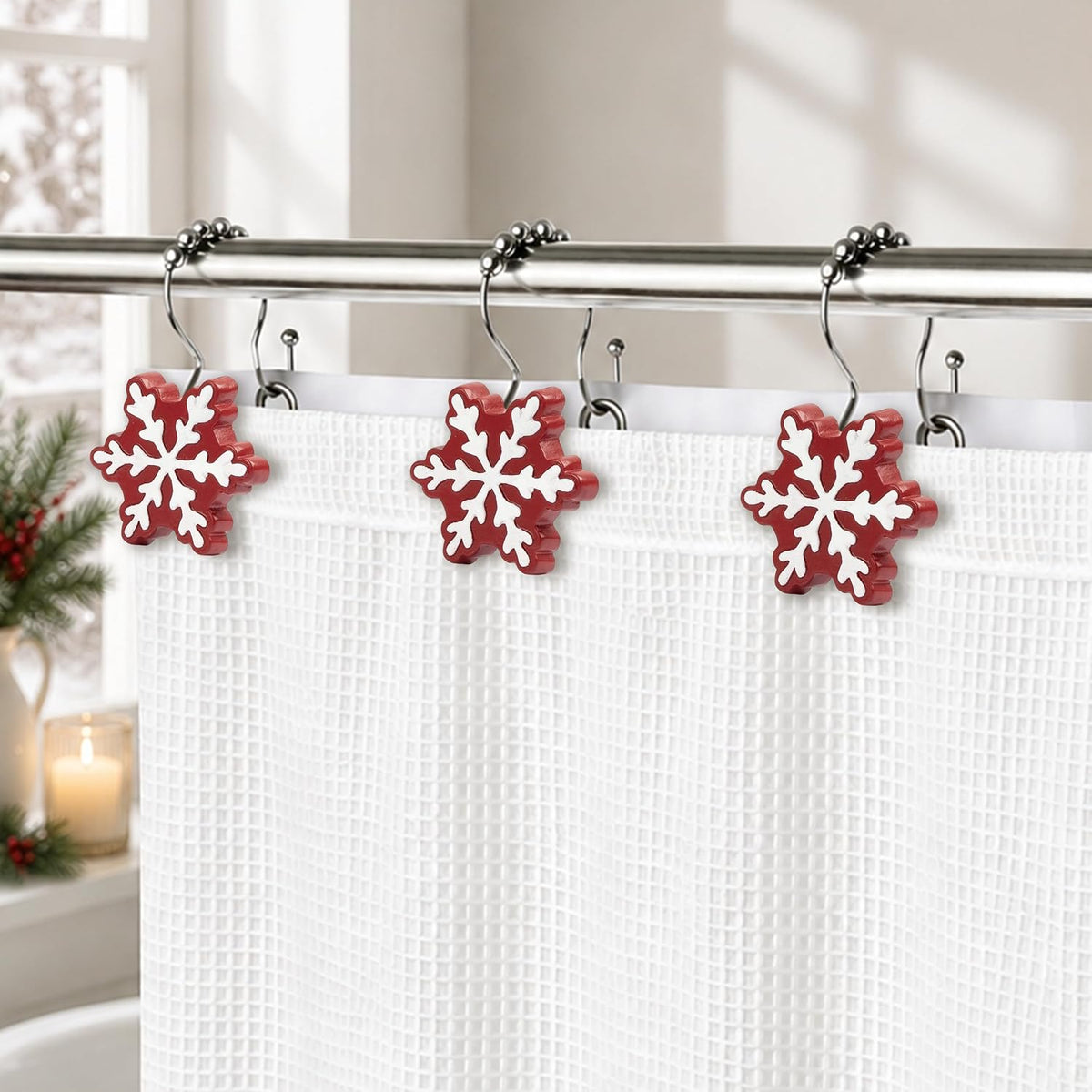 Sunlit Christmas Shower Curtain Hooks Snowflakes Double Shower Curtain Rings, Resin, Red and White Christmas Decor, Winter Bathroom Decoration - 12 Pack