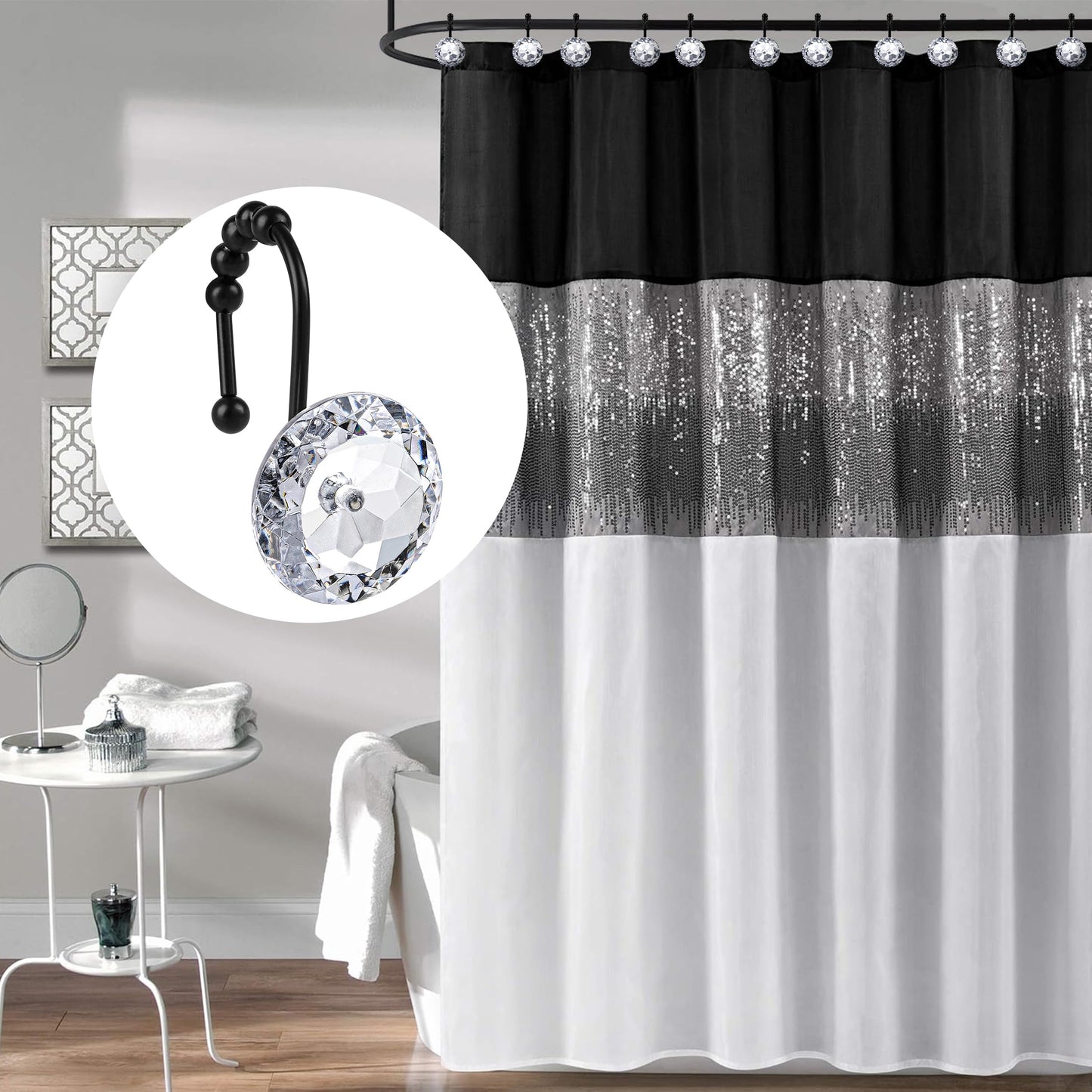 Sunlit Round Rhinestone Shower Curtain Hooks with Glide Balls, 12 Pack