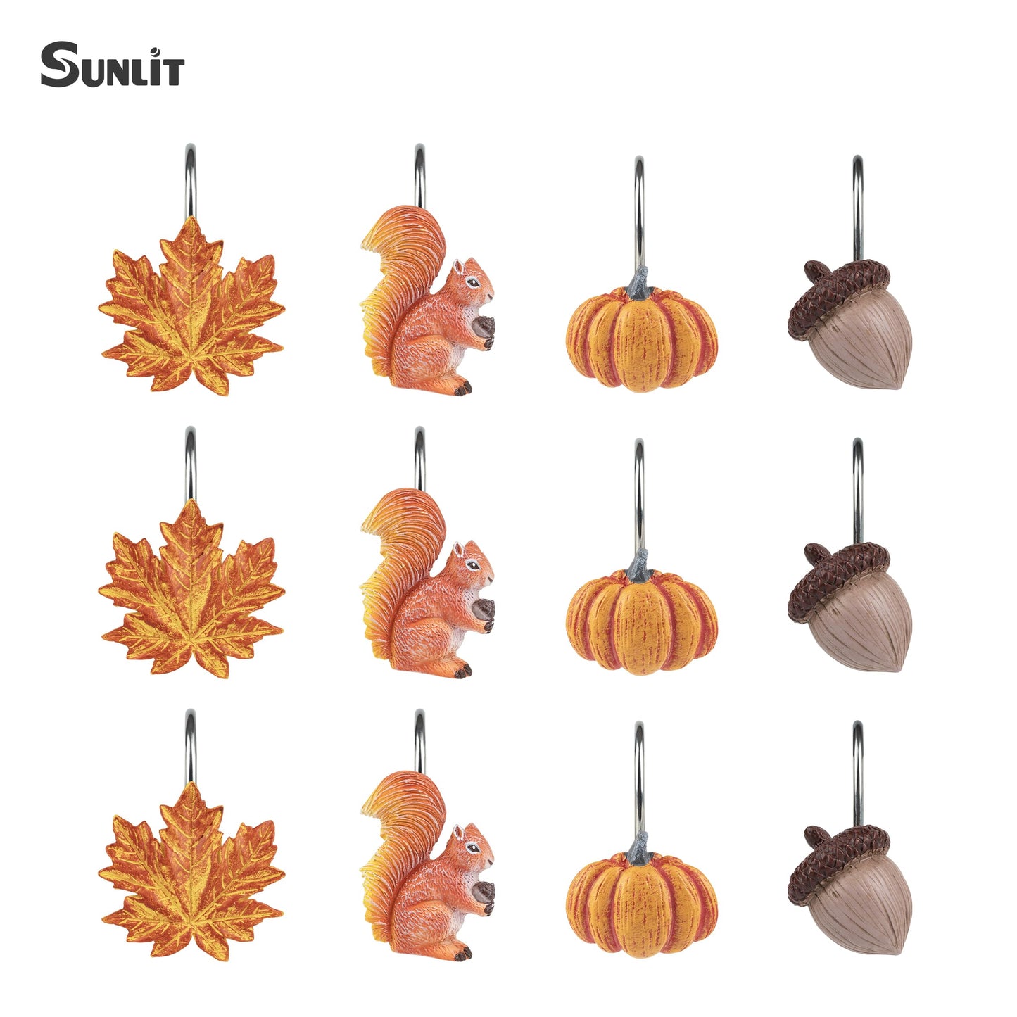 Sunlit Fall Autumn Decorative Shower Curtain Hooks, Pumpkin Maple Leaf Squirrel Acorn Shower Curtain Rings, Resin, Orange Leaves Cute Bathroom Curtain Hangers Decoration, Set of 12