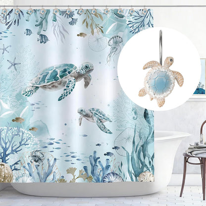 Sunlit Sea Turtle Shower Curtain Hooks with Pearl Accents, Nautical Home Decorative Shower Curtain Rings, Hand-Painted Resin, Cute Ocean Shower Curtain Hanger Hooks for Kids Bathroom, Set of 12