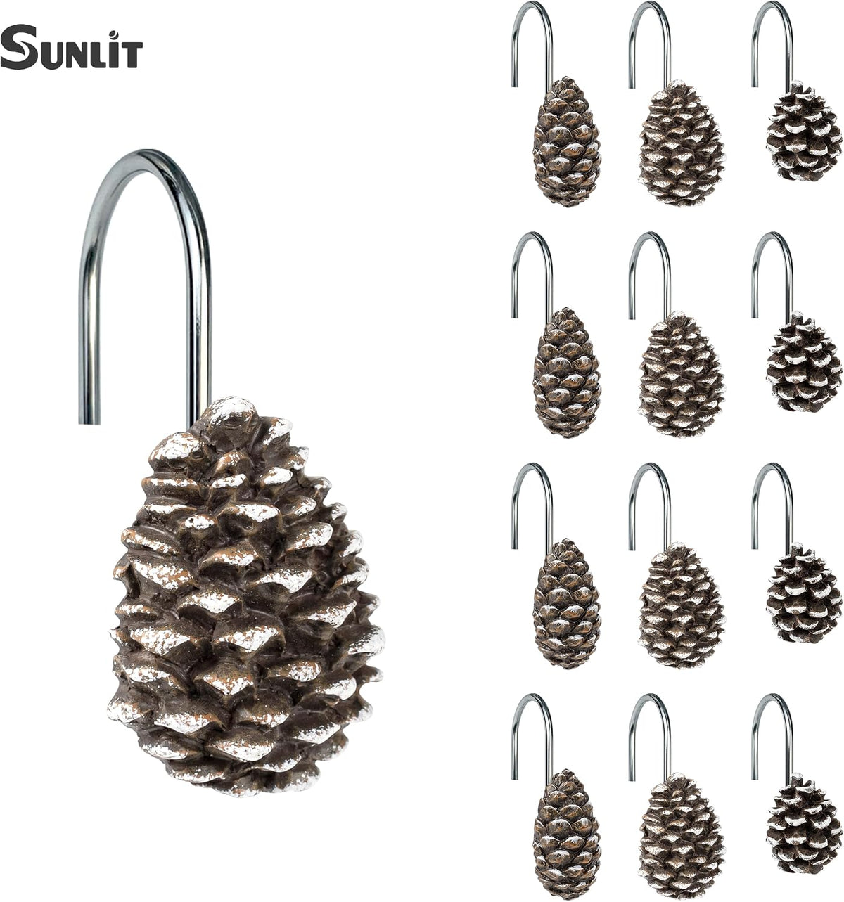 Sunlit Snowy Pinecone Shower Curtain Hooks Set of 12, Snow-Tipped Pine Cone Curtain Rings for Christmas Winter Bathroom Decor, Rustic Decorative Resin Bath Accessories