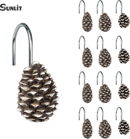 Sunlit Snowy Pinecone Shower Curtain Hooks Set of 12, Snow-Tipped Pine Cone Curtain Rings for Christmas Winter Bathroom Decor, Rustic Decorative Resin Bath Accessories