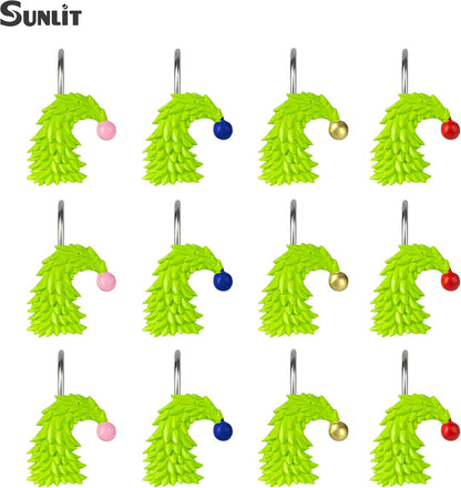 Sunlit Christmas Tree Decorative Shower Curtain Hooks with Festive Ball Ornaments, Lime Green Shower Curtain Rings, Resin, Xmas Theme Winter Holiday Bathroom Decoration, Set of 12