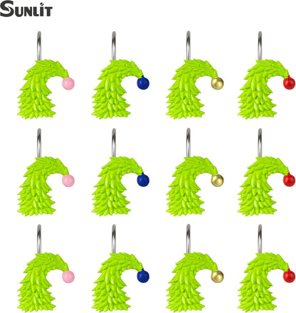 Sunlit Christmas Tree Decorative Shower Curtain Hooks with Festive Ball Ornaments, Lime Green Shower Curtain Rings, Resin, Xmas Theme Winter Holiday Bathroom Decoration, Set of 12