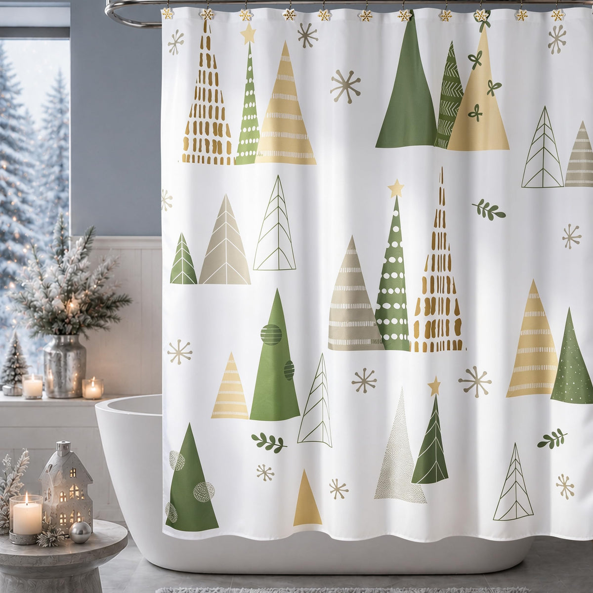 Sunlit Blue Fluorescent Christmas Snowflake Tree with Dark Blue Background Fabric Shower Curtain, Bathroom Home Office Holiday Wall Decoration as Tapestry and Photo Booth Backdrop