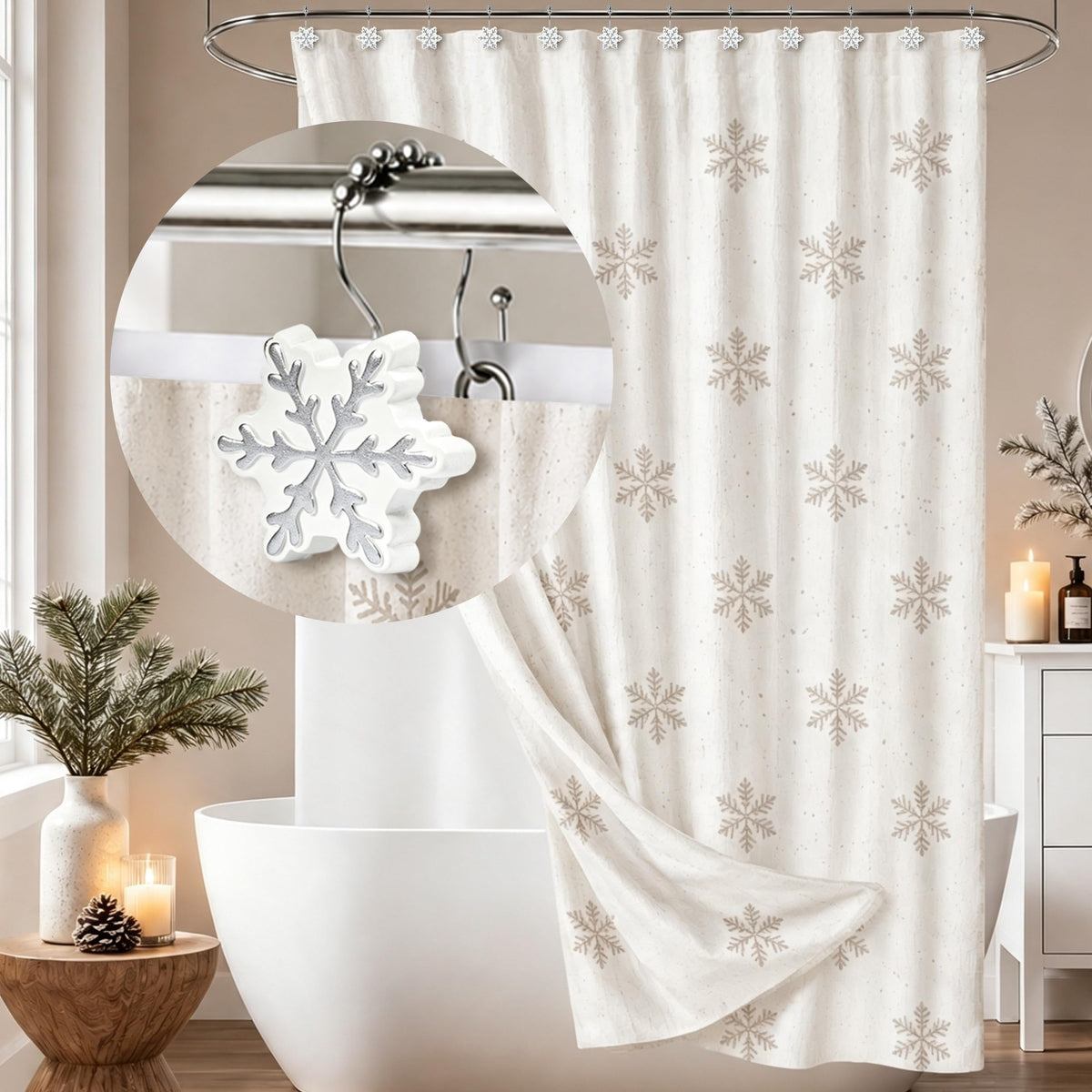 Sunlit Christmas Shower Curtain Hooks Snowflakes Double Shower Curtain Rings, Resin, Red and White Christmas Decor, Winter Bathroom Decoration - 12 Pack