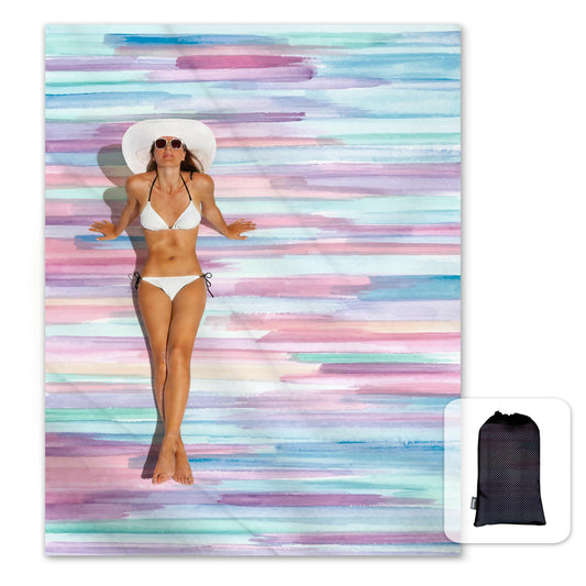 Sunlit Silky Soft 106"x81" Sand Proof Beach Blanket Sand Proof Mat with Corner Pocket and Mesh Bag for Beach Party, Travel, Camping and Outdoor Music Festival, Watercolor Painting Macaron Blue