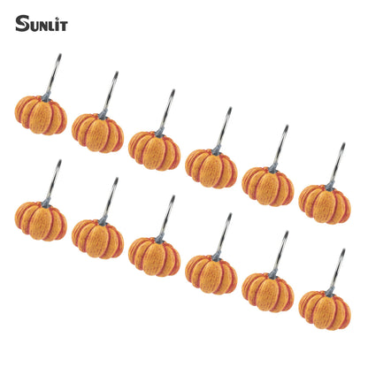 Sunlit Fall Pumpkin Decorative Shower Curtain Hooks, Autumn Harvest Festival Shower Curtain Rings, Resin Farmhouse Bathroom Curtain Hangers Decoration, Set of 12, Orange Blue White