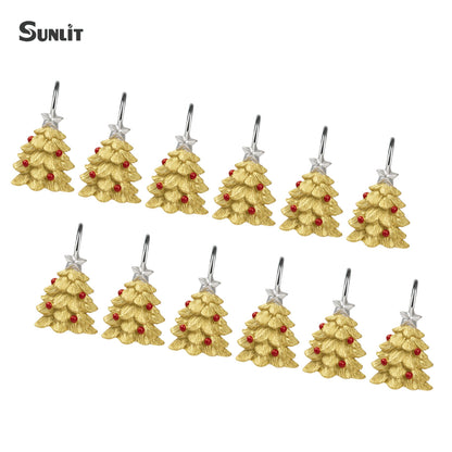 Sunlit Christmas Tree Decorative Shower Curtain Hooks with Star, Green Shower Curtain Rings, Resin, Xmas Theme Winter Holiday Bathroom Decoration, Set of 12