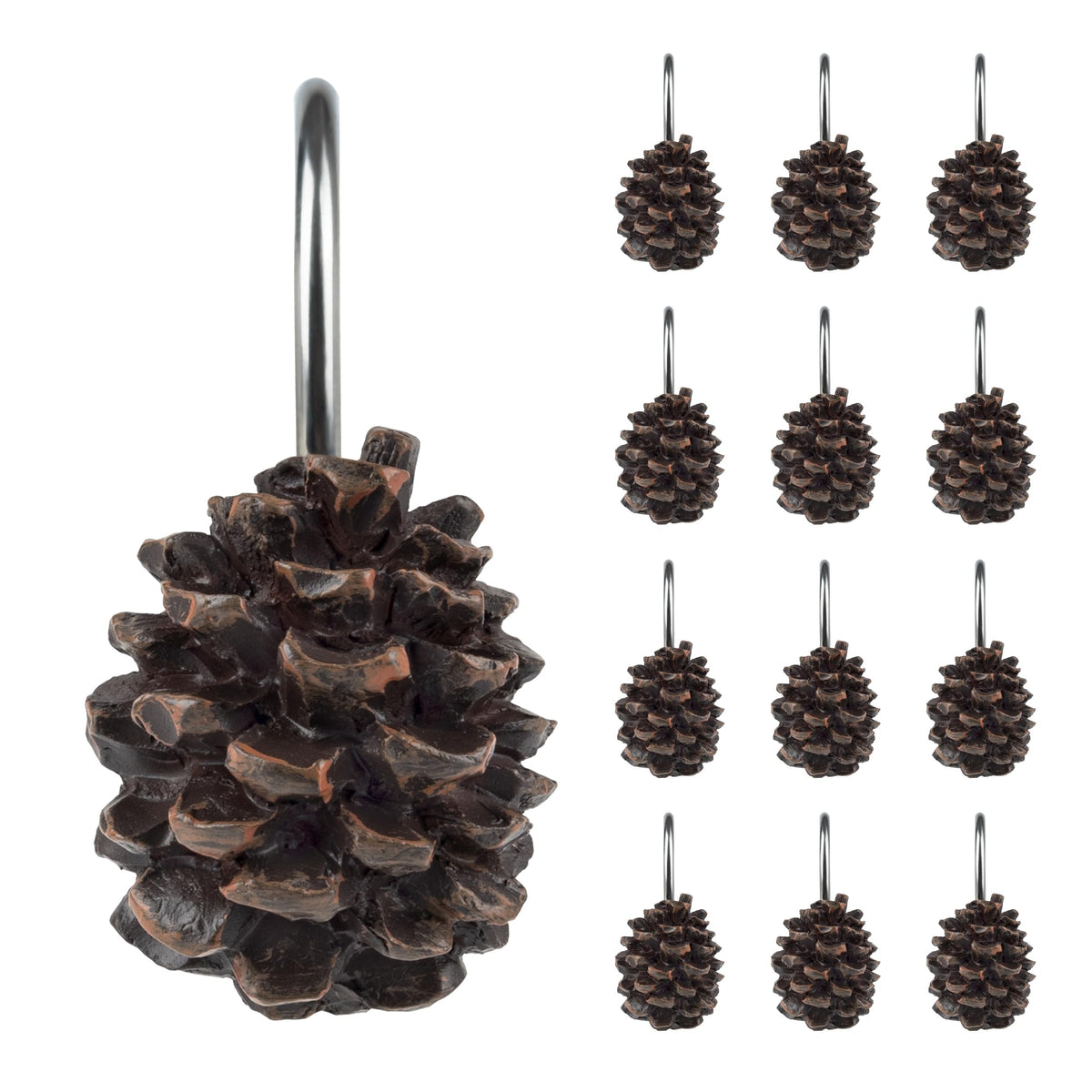 Sunlit Snowy Pinecone Shower Curtain Hooks Set of 12, Snow-Tipped Pine Cone Curtain Rings for Christmas Winter Bathroom Decor, Rustic Decorative Resin Bath Accessories