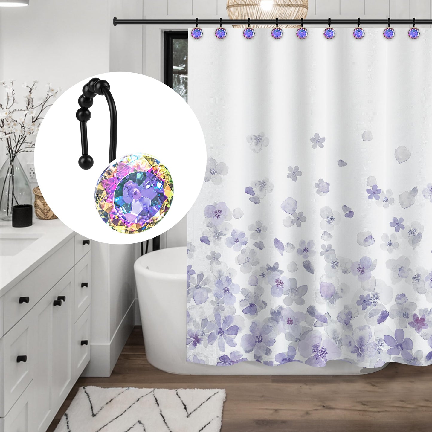 Sunlit Round Rhinestone Shower Curtain Hooks with Glide Balls, 12 Pack
