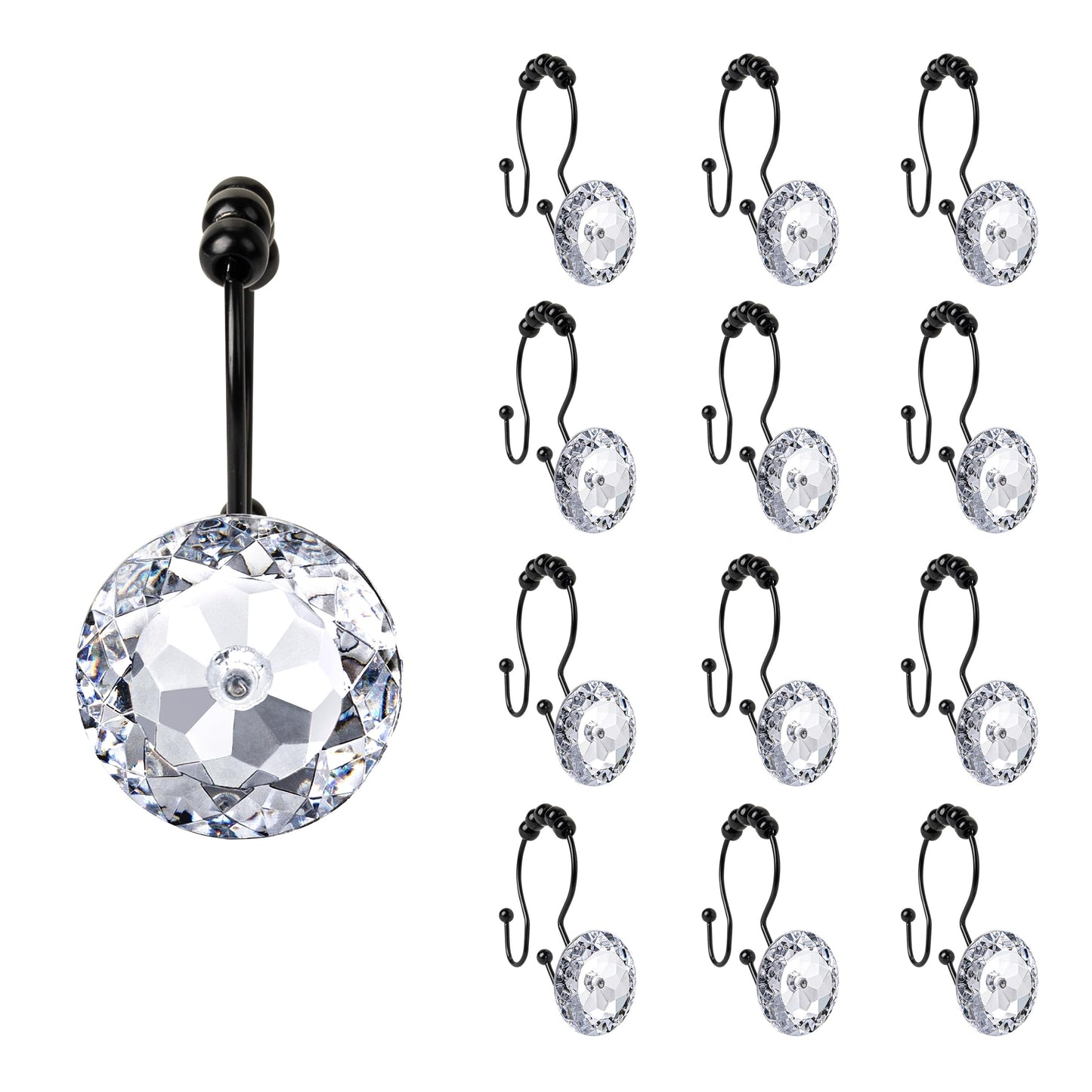 Sunlit Round Rhinestone Shower Curtain Hooks with Glide Balls, 12 Pack