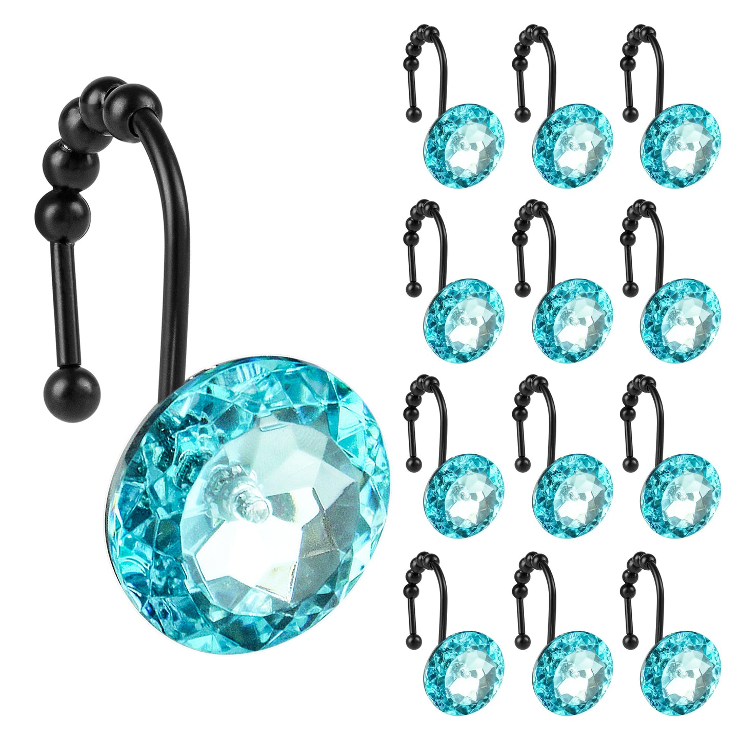 Sunlit Round Rhinestone Shower Curtain Hooks with Glide Balls, 12 Pack