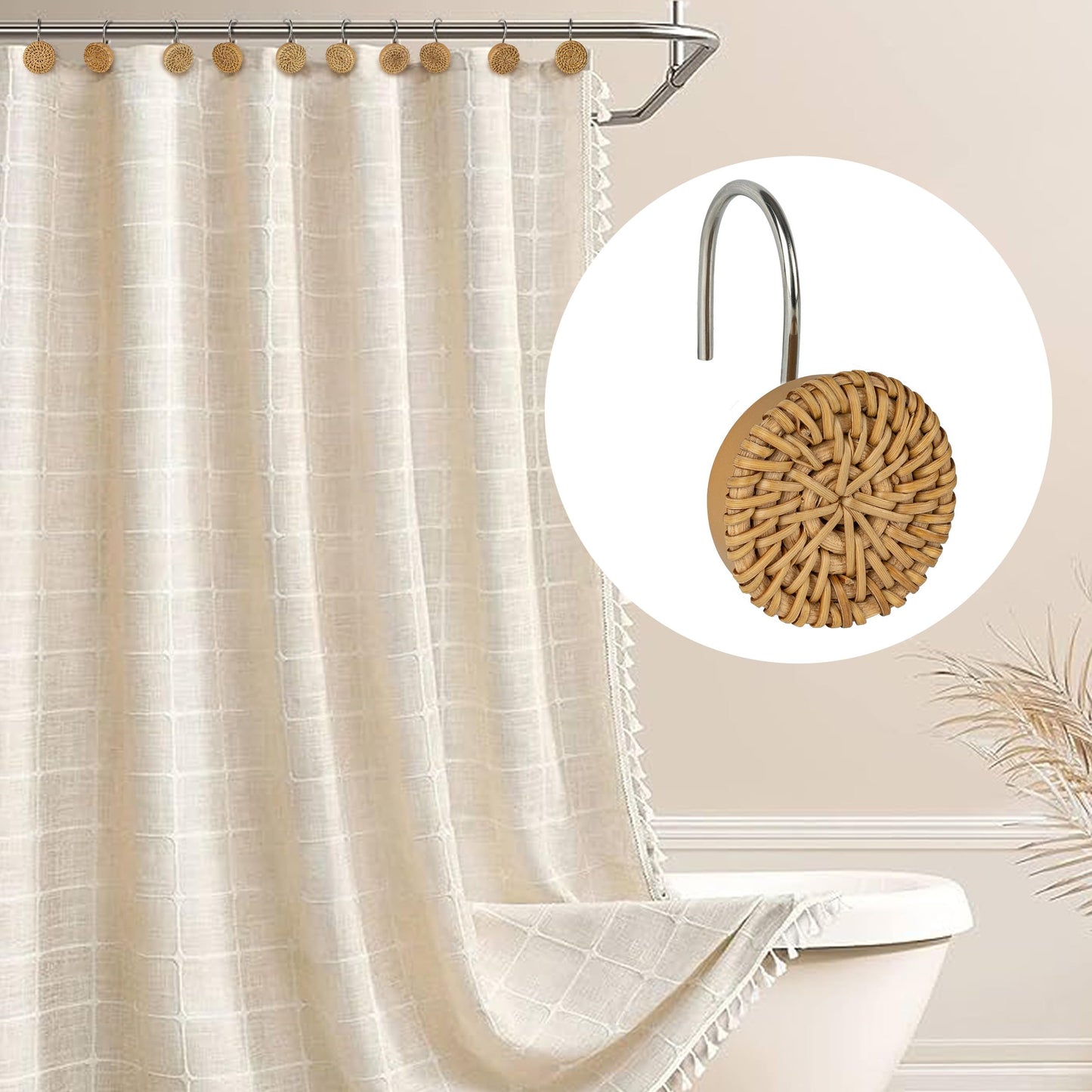 Sunlit Boho Decorative Shower Curtain Hooks, Woven Wicker Ratten Beige Shower Curtain Rings for Bathroom, Farmhouse Shower Curtain Hangers Bathroom Accessories, Set of 12