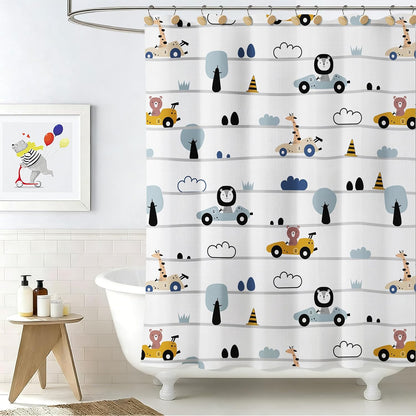 Sunlit Funny Car Race Fabric Kids Shower Curtain, Cute Cartoon Animal Drivers with Giraffe, Lion & Bear, Fun Road Trip Theme Bathroom Decor for Boys and Girls, 72 x 72 Inches