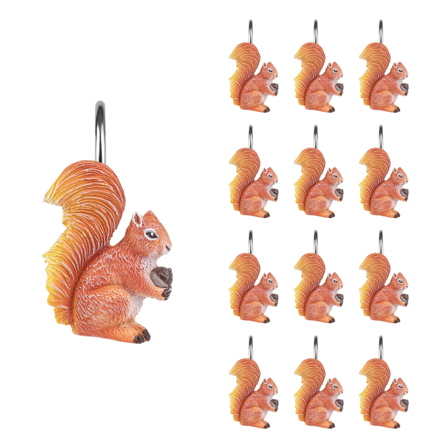 Sunlit Fall Autumn Decorative Shower Curtain Hooks, Pumpkin Maple Leaf Squirrel Acorn Shower Curtain Rings, Resin, Orange Leaves Cute Bathroom Curtain Hangers Decoration, Set of 12