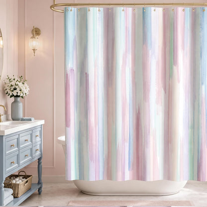 Sunlit Design Watercolor Painting with Macaron Pink and Blue Fabric Shower Curtain, Gouache Style Bathroom Decoration Curtains, Machine Washable