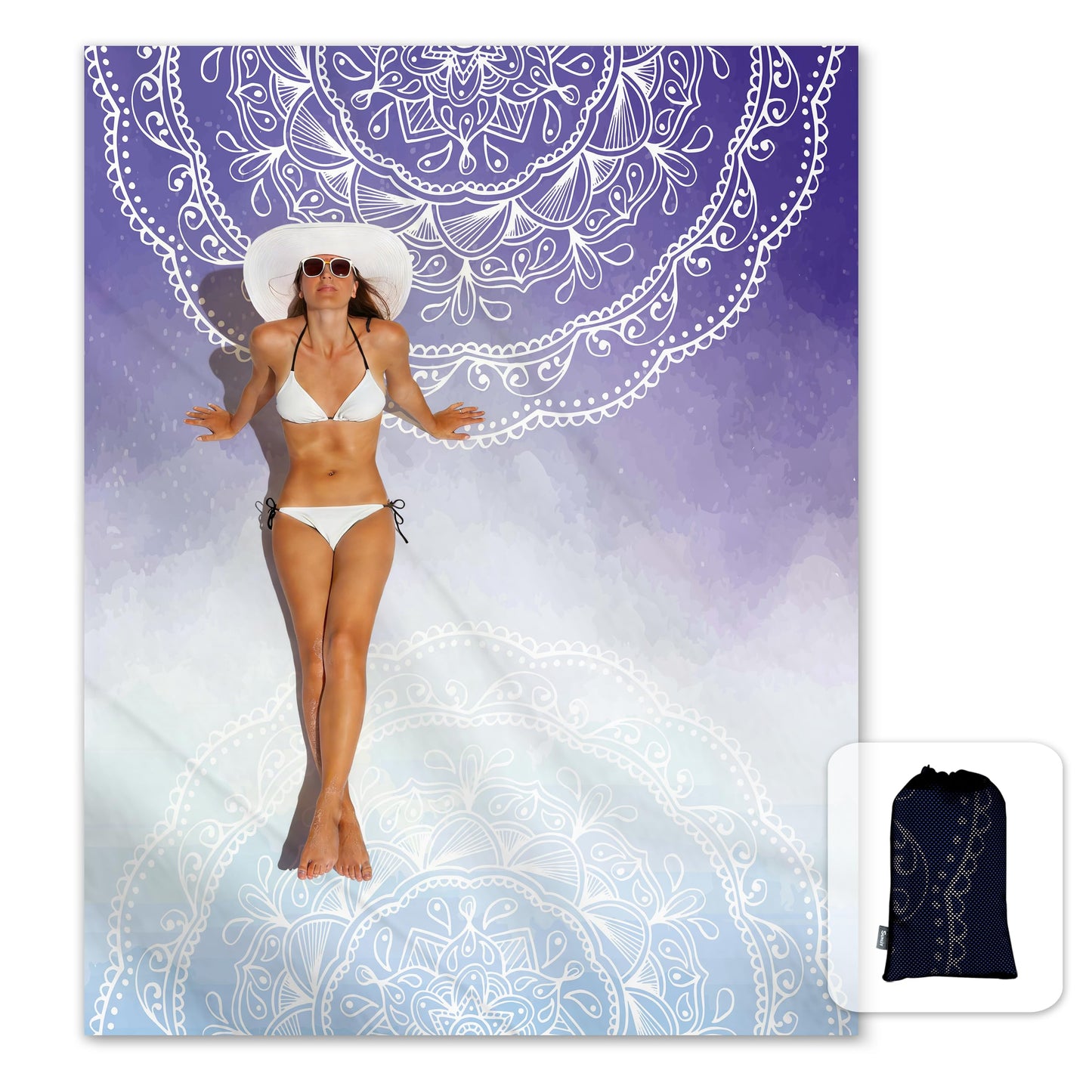 Sunlit Silky Soft Sand Proof Beach Blanket 106"x81" / 85"x72" Sand Proof Mat with Corner Pockets and Mesh Bag for Beach Party, Travel, Camping and Outdoor Music Festival, Mandala