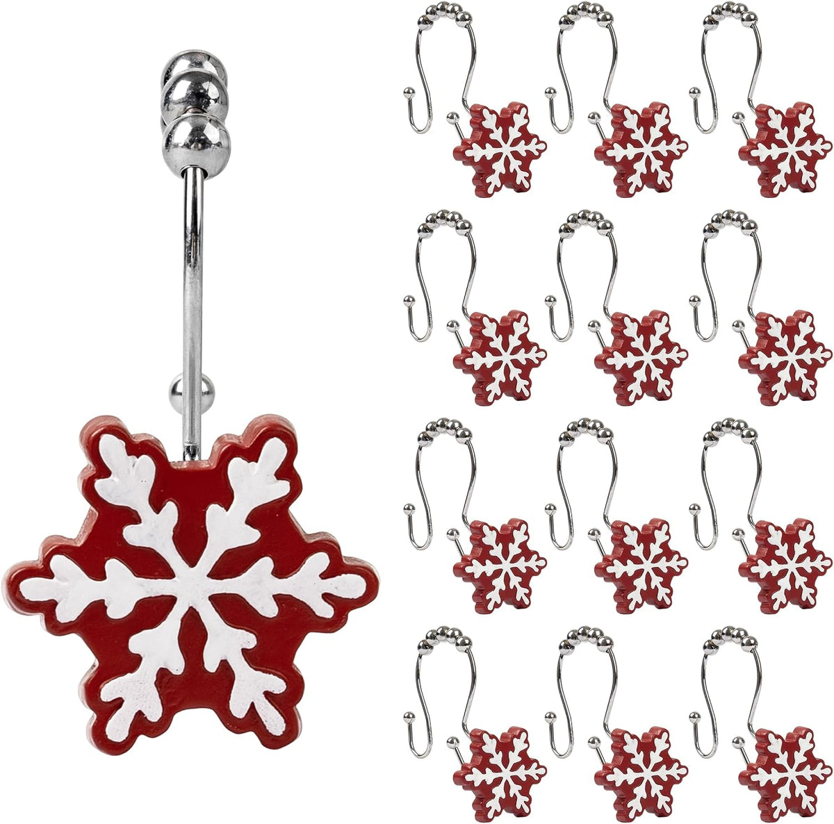 Sunlit Christmas Shower Curtain Hooks Snowflakes Double Shower Curtain Rings, Resin, Red and White Christmas Decor, Winter Bathroom Decoration - 12 Pack