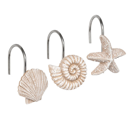 Sunlit Seashells Decorative Shower Curtain Hooks, Scallop Nautilus & Seahorse Shower Curtain Rings, Seashell Blush, Resin, Nautical Bathroom Decoration Beach Shower Curtain Hooks-12 Pack