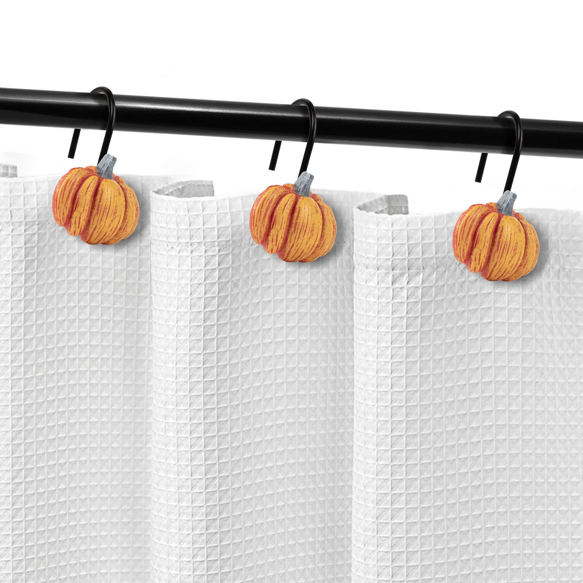 Sunlit Fall Pumpkin Decorative Shower Curtain Hooks, Autumn Harvest Festival Shower Curtain Rings, Resin Farmhouse Bathroom Curtain Hangers Decoration, Set of 12, Orange Blue White