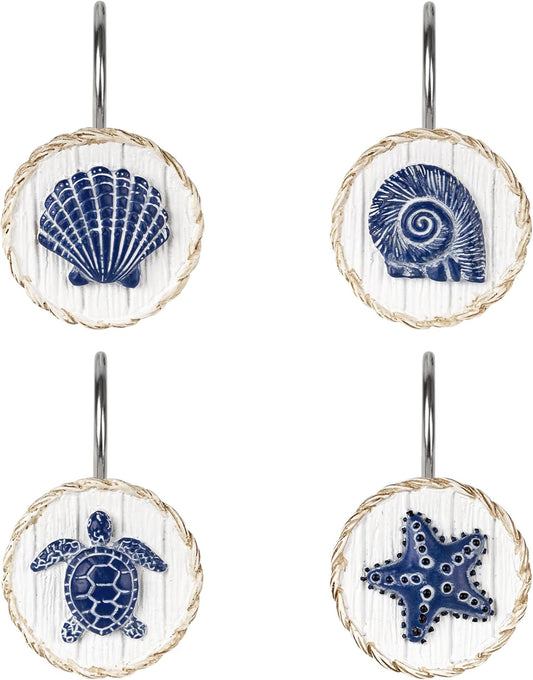 Sunlit Ocean Decorative Shower Curtain Hooks, Sea Turtle Spiral Shell Starfish Conch Shower Curtain Rings, Resin, Nautical Farmhouse Bathroom Decoration Beach Shower Curtain Hooks-12 Pack, Navy
