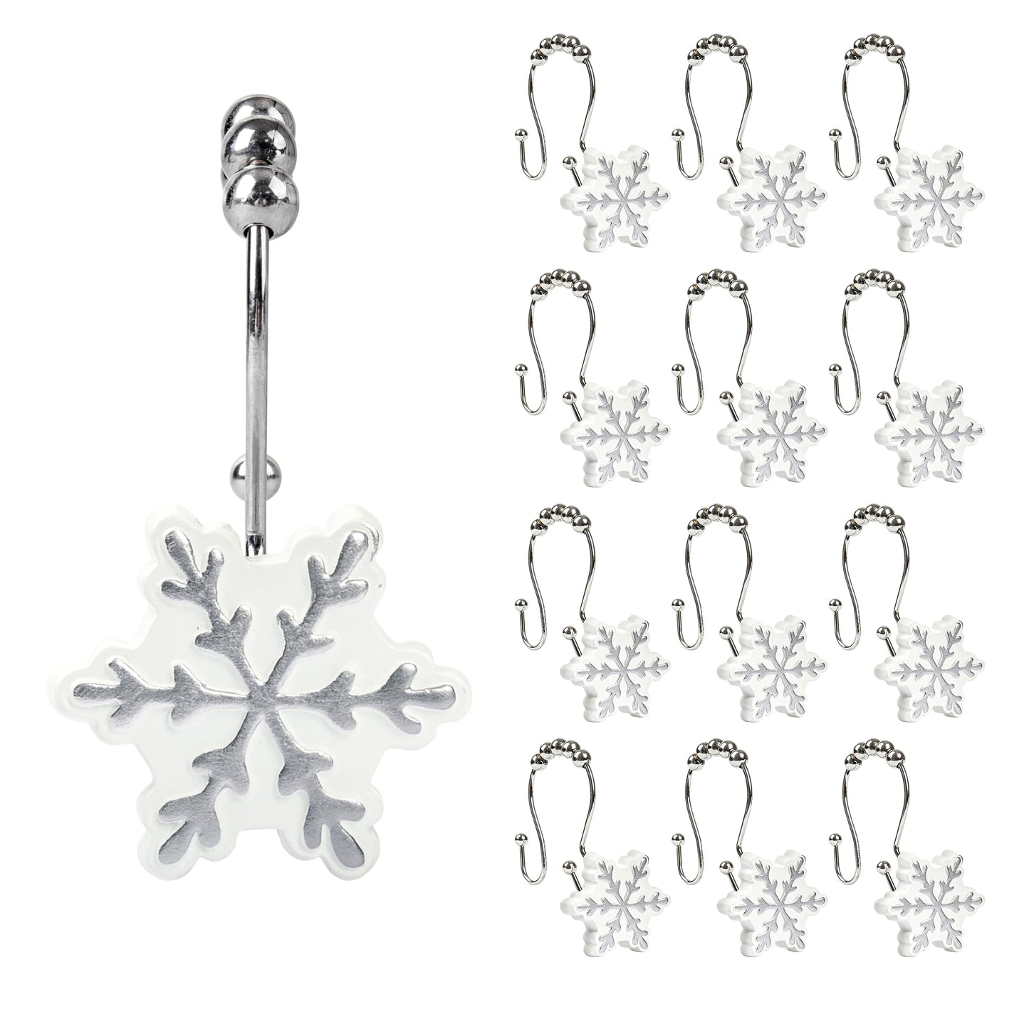Sunlit Christmas Shower Curtain Hooks Snowflakes Double Shower Curtain Rings, Resin, Red and White Christmas Decor, Winter Bathroom Decoration - 12 Pack