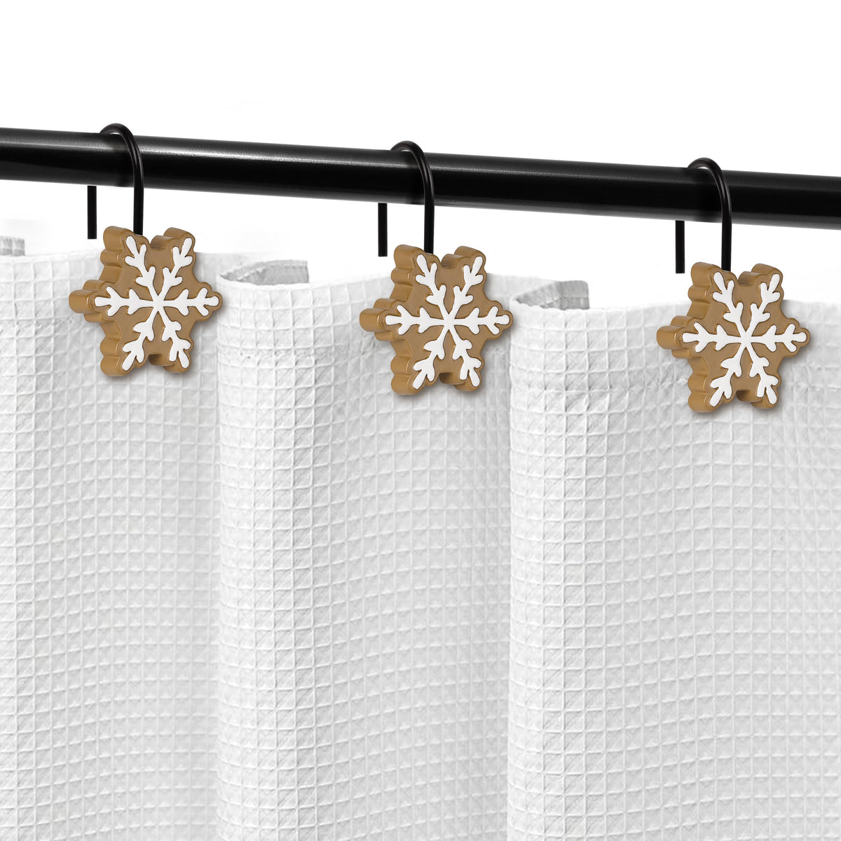 Sunlit Christmas Shower Curtain Hooks Snowflakes Double Shower Curtain Rings, Resin, Red and White Christmas Decor, Winter Bathroom Decoration - 12 Pack