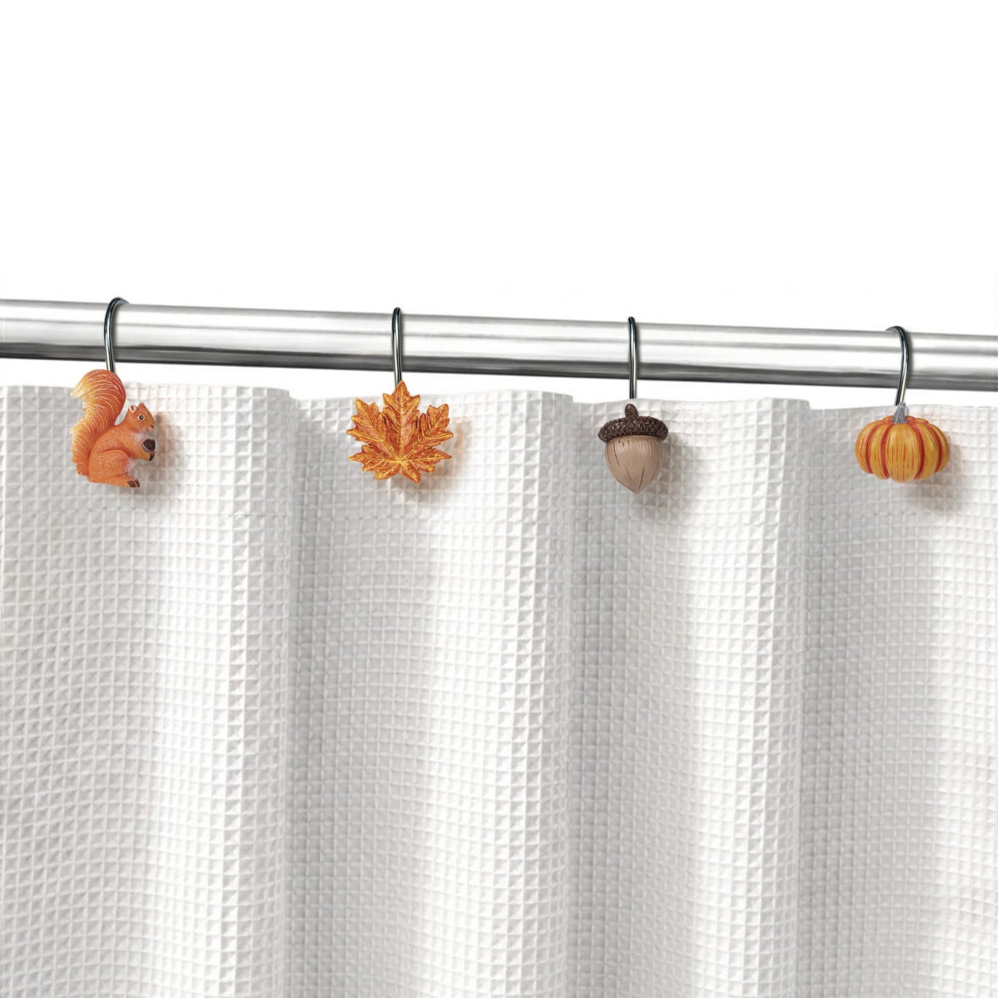 Sunlit Fall Autumn Decorative Shower Curtain Hooks, Pumpkin Maple Leaf Squirrel Acorn Shower Curtain Rings with Black Hooks, Resin, Orange Leaves Cute Bathroom Curtain Hangers Decoration, Set of 12