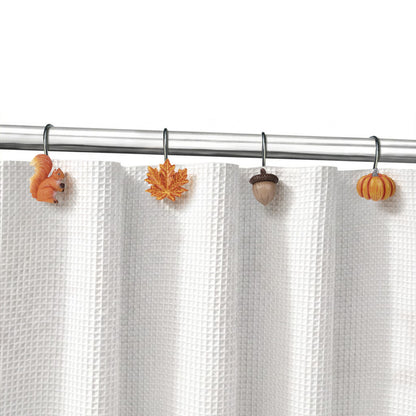 Sunlit Fall Autumn Decorative Shower Curtain Hooks, Pumpkin Maple Leaf Squirrel Acorn Shower Curtain Rings with Black Hooks, Resin, Orange Leaves Cute Bathroom Curtain Hangers Decoration, Set of 12