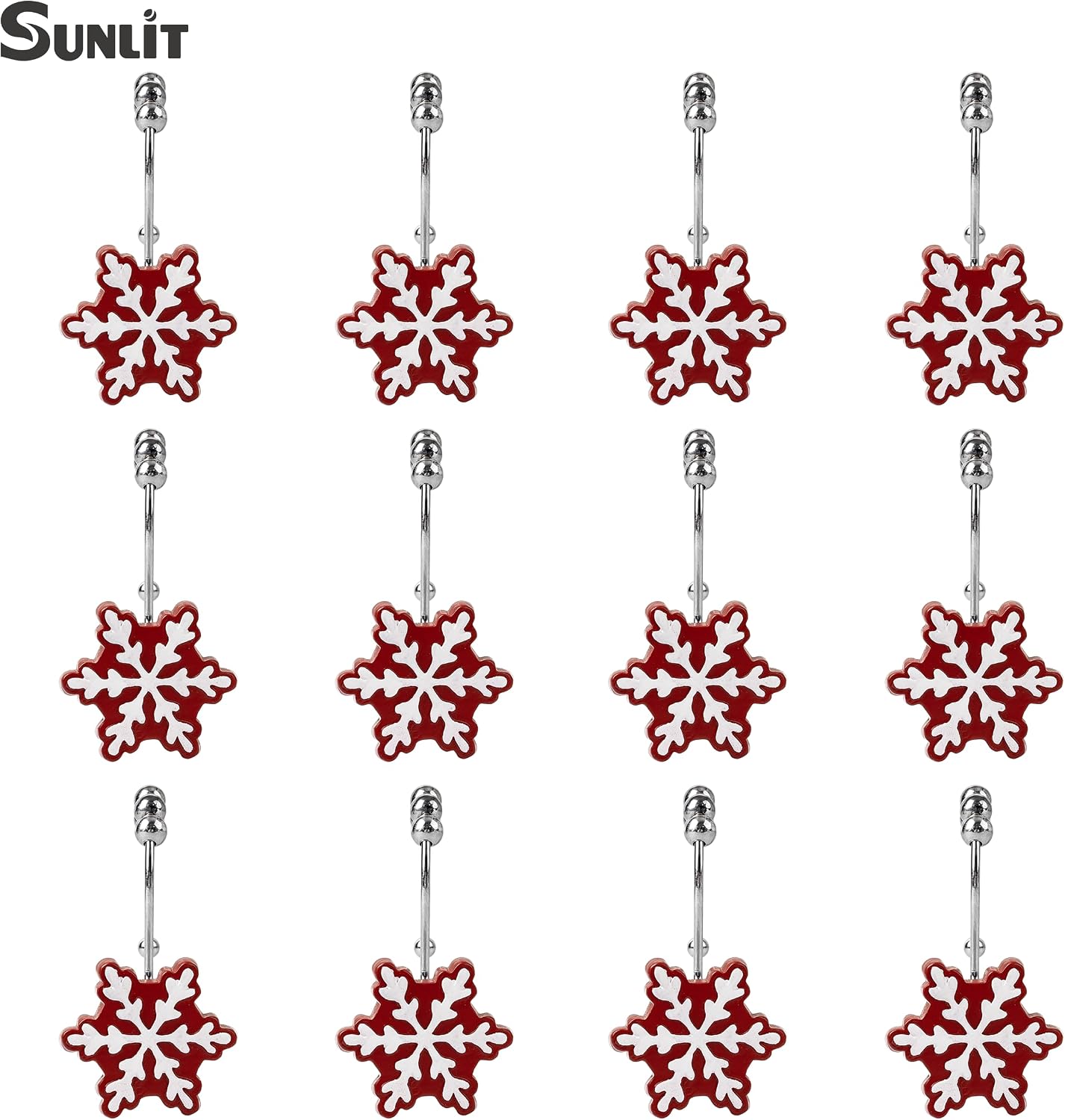 Sunlit Christmas Shower Curtain Hooks Snowflakes Double Shower Curtain Rings, Resin, Red and White Christmas Decor, Winter Bathroom Decoration - 12 Pack