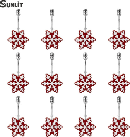 Sunlit Christmas Shower Curtain Hooks Snowflakes Double Shower Curtain Rings, Resin, Red and White Christmas Decor, Winter Bathroom Decoration - 12 Pack