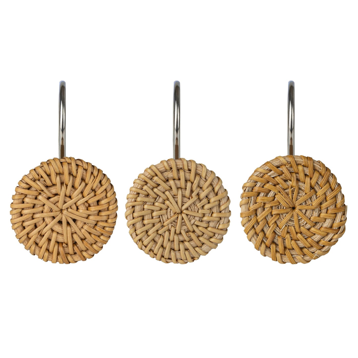 Sunlit Boho Decorative Shower Curtain Hooks, Woven Wicker Ratten Beige Shower Curtain Rings for Bathroom, Farmhouse Shower Curtain Hangers Bathroom Accessories, Set of 12