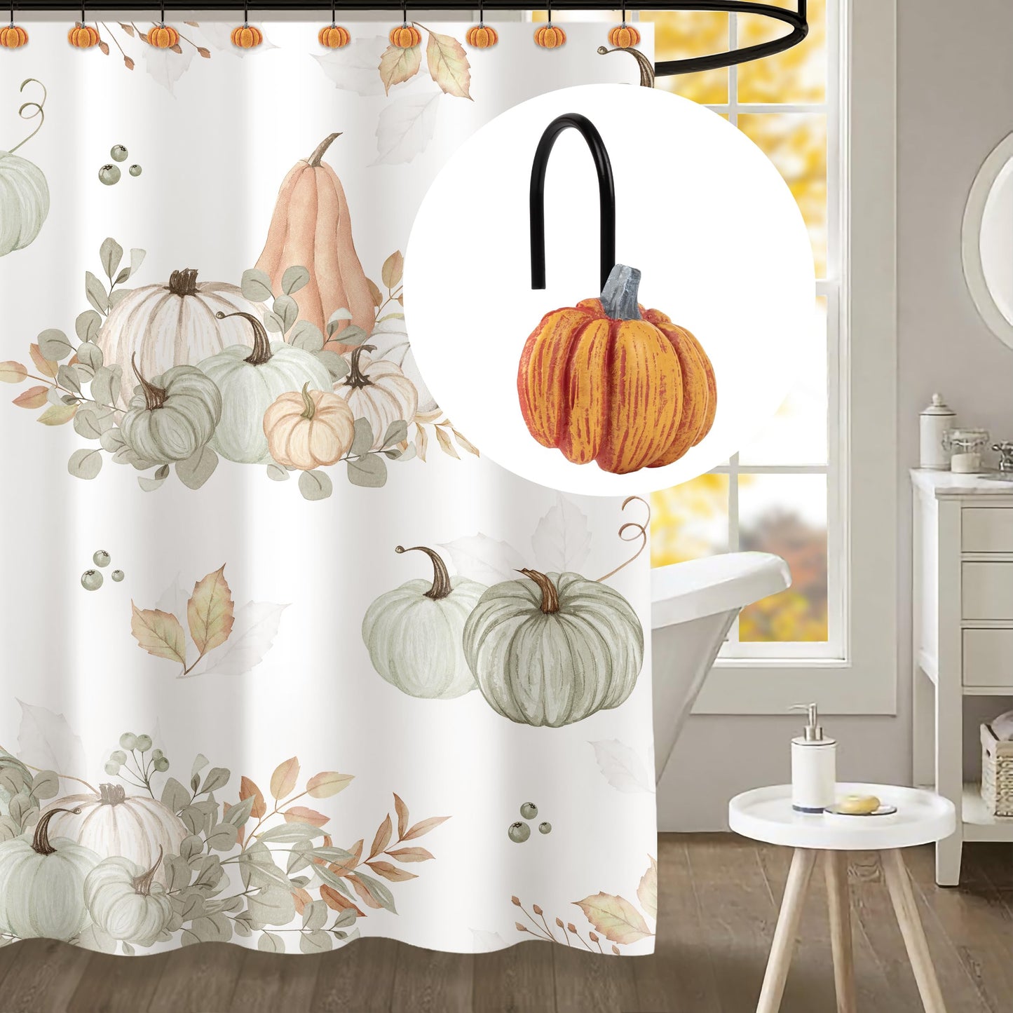 Sunlit Fall Pumpkin Decorative Shower Curtain Hooks, Autumn Harvest Festival Shower Curtain Rings, Resin Farmhouse Bathroom Curtain Hangers Decoration, Set of 12, Orange Blue White