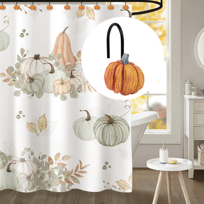 Sunlit Fall Pumpkin Decorative Shower Curtain Hooks, Autumn Harvest Festival Shower Curtain Rings, Resin Farmhouse Bathroom Curtain Hangers Decoration, Set of 12, Orange Blue White