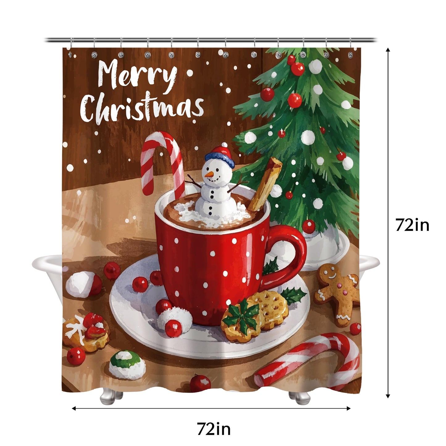 Sunlit Christmas Shower Curtain, Red Mug Hot Cocoa with Snowman Marshmallows and Gingerbread Cookies, Whimsical Holiday Scene Festive Bathroom Fabric Shower Curtain, Home Decor Tapestry, 72" x 72"