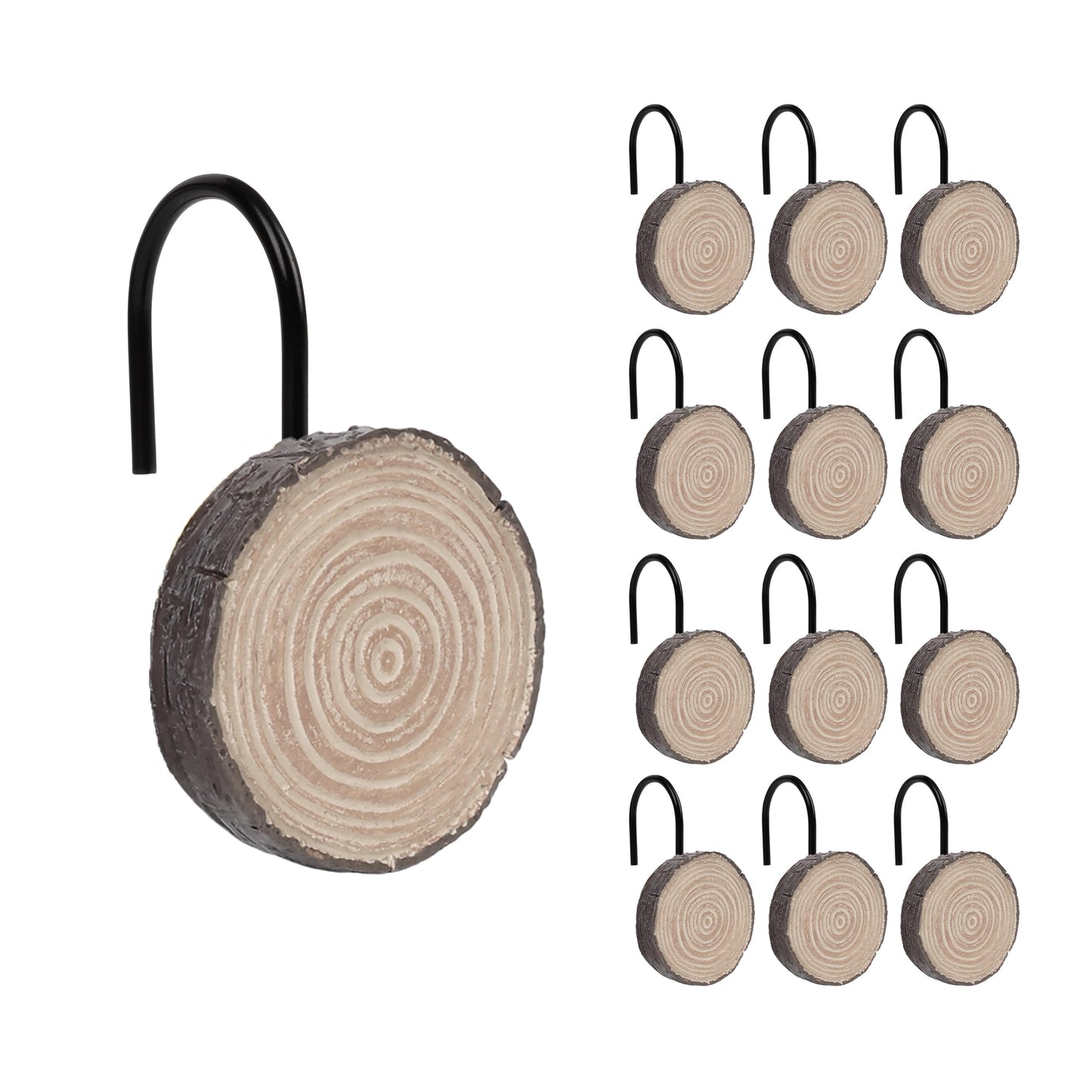 Sunlit Farmhouse Wooden Slices Shower Curtain Hooks, Rustic Home Decorative Shower Curtain Rings for Bathroom, Resin Shower Curtain Hangers Bathroom Accessories, Set of 12