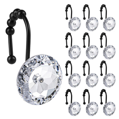 Sunlit Round Rhinestone Shower Curtain Hooks with Glide Balls, 12 Pack